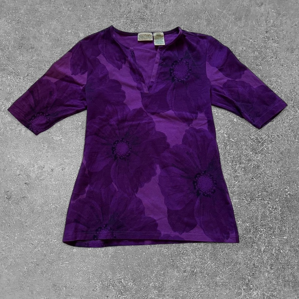 St Johns Bay Purple Floral Blouse Split V-Neck Short Sleeve Top Womens Size M